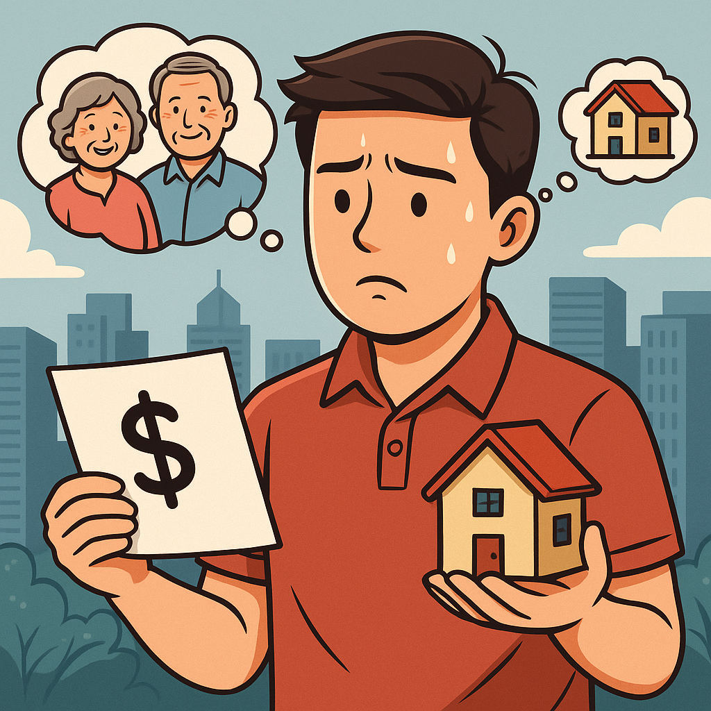 Cartoon illustration of a young Singaporean man holding a house model and a dollar sheet, sweating as he thinks about his parents' outdated property beliefs, symbolizing the modern Singapore property trap.