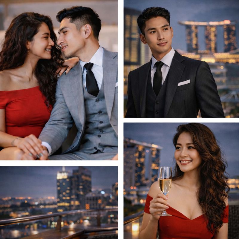Asian couple at Marina Bay Sands rooftop bar with champagne