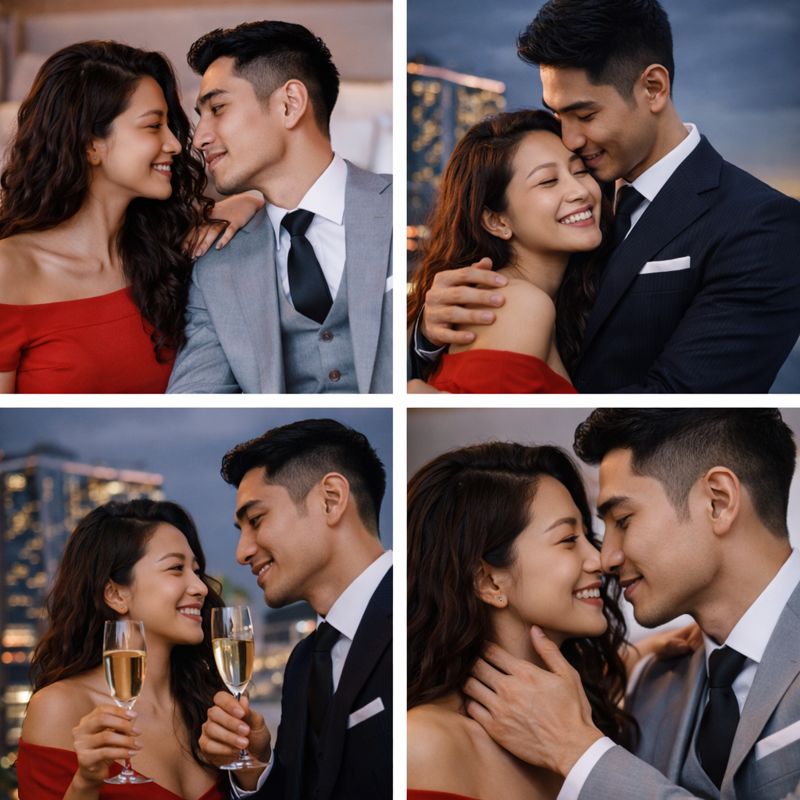 Asian couple at rooftop bar with champagne, elegant dating moment