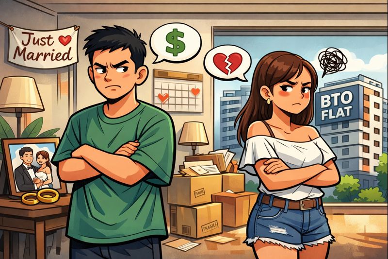 Stressed Singaporean couple arguing after BTO marriage in HDB flat