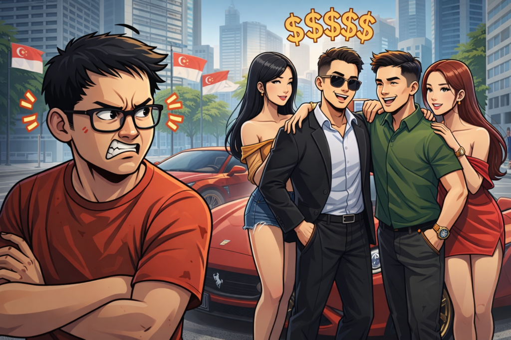 Cartoon of a frustrated Singaporean man watching wealthy men with supercars and luxury lifestyle in the city, symbolising wealth inequality and status anxiety.