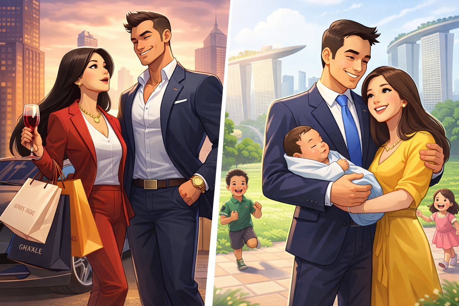 Vietnamese Chinese woman CEO chasing luxury and status while Singaporean CEO man builds family with wife and children, split contrast city skyline