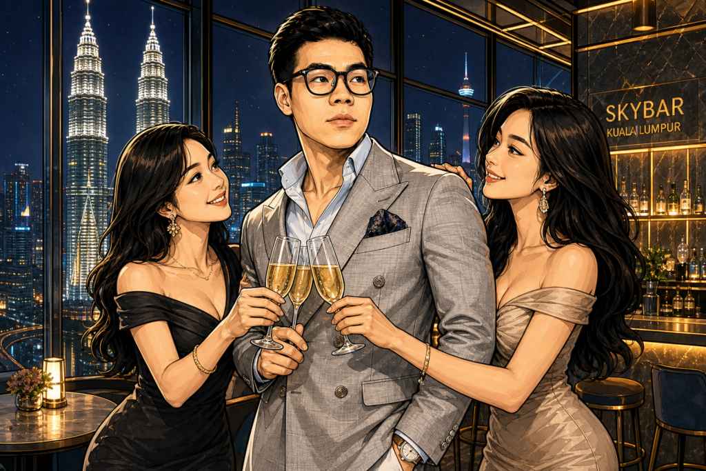 Asian entrepreneur in grey double-breasted suit at Kuala Lumpur skybar with Petronas Twin Towers view, celebrating lifestyle success with champagne and companions - dividend portfolio lifestyle illustration