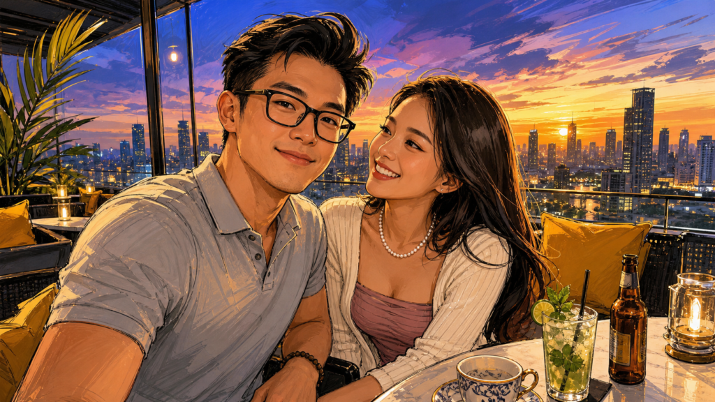 Bangkok rooftop dating scene showing couple at luxury bar with city skyline - BKK vs SG dating affection arbitrage illustration