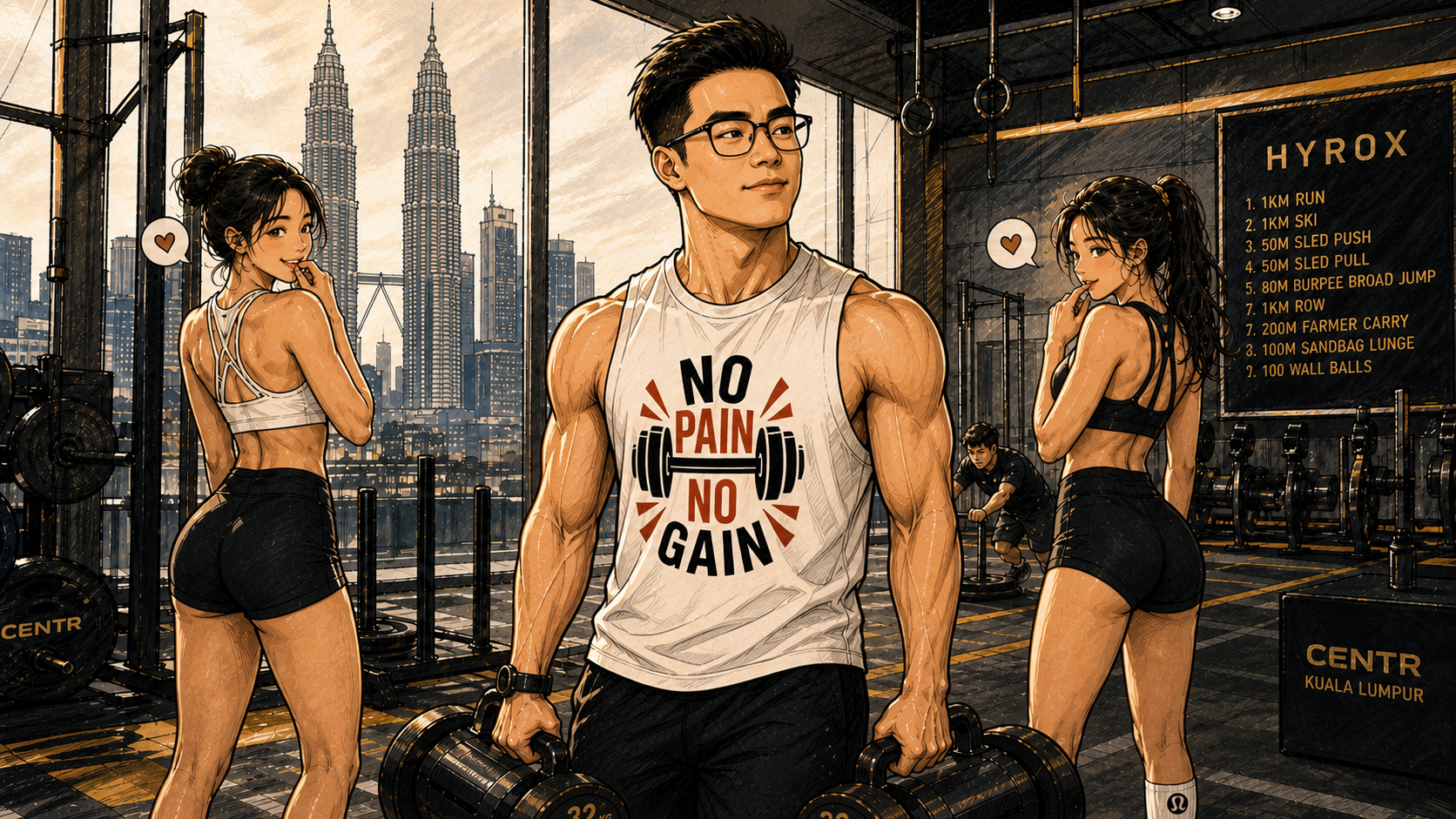 Sigma Asian guy doing Hyrox workout in KL gym with women glancing over
