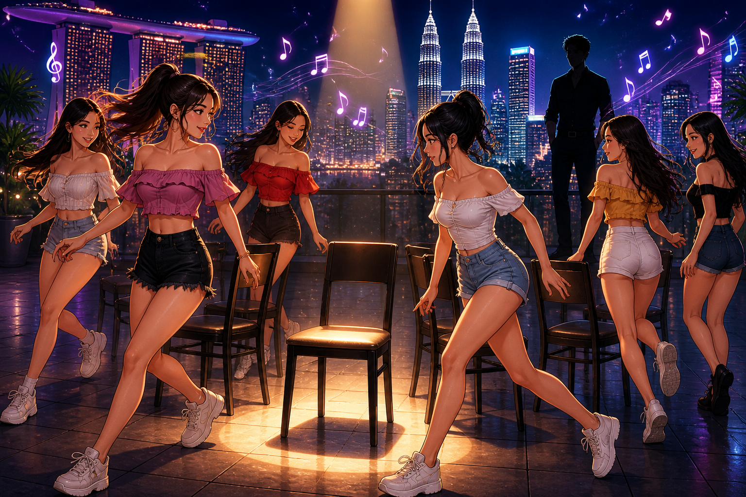 Attractive women playing musical chairs under spotlight, rooftop skyline, lone male silhouette watching
