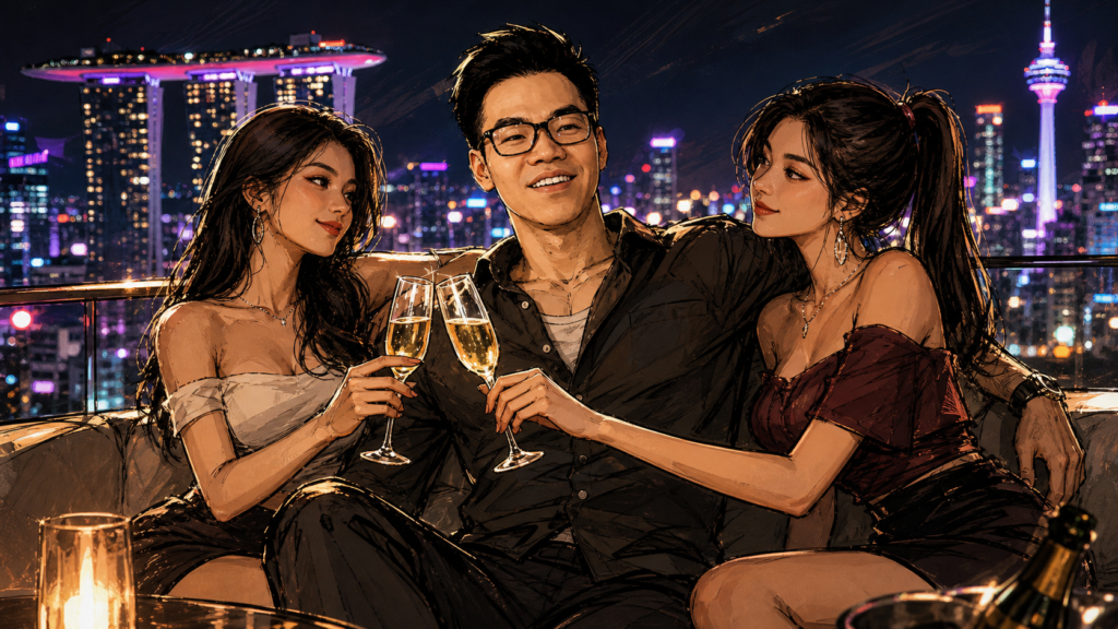 Sketchy cartoon of a confident man in a dark shirt at a rooftop skybar, with Marina Bay Sands and KL Tower in the background, while two pretty women in off‑shoulder tops clink champagne glasses and gaze at him playfully.
