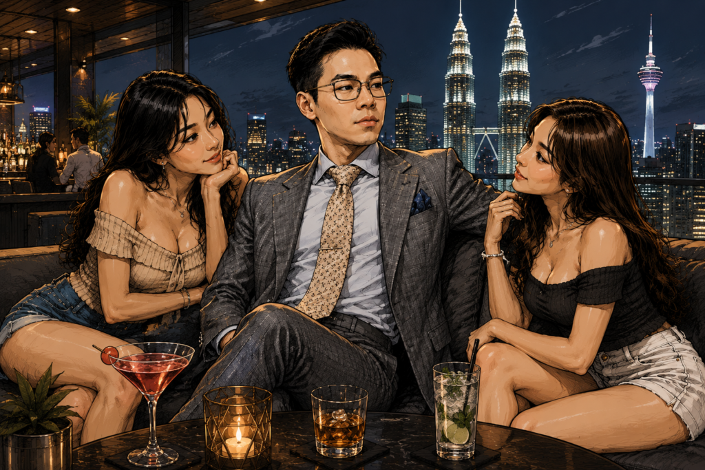 Illustration of a confident Singaporean man at a Kuala Lumpur rooftop bar with two women showing romantic interest.