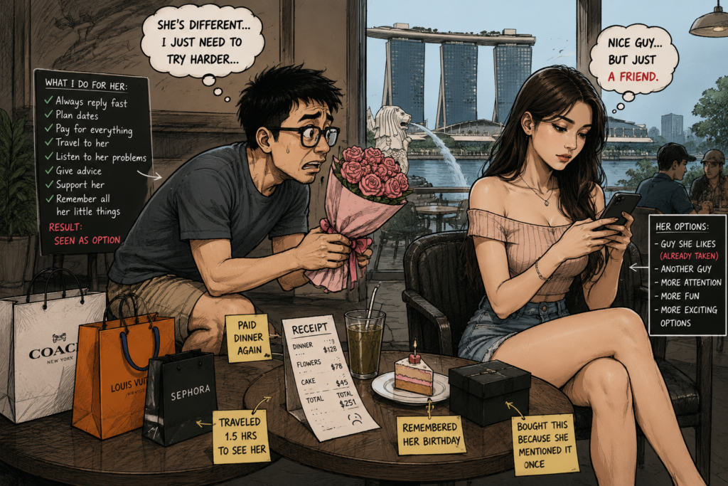 Illustration of a Singaporean man overinvesting in a one-sided relationship with an uninterested Vietnamese woman.