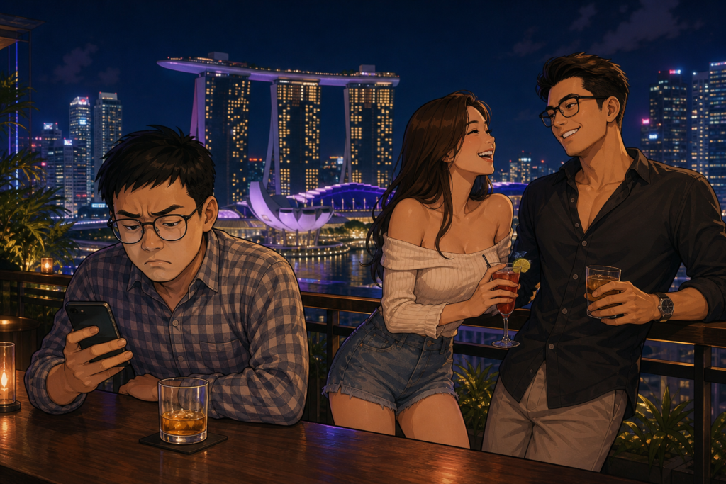 Cartoon of a frustrated nerdy Singaporean guy checking his phone while the girl he likes enjoys drinks with a confident sigma chad at a Marina Bay Sands skybar backdrop.
