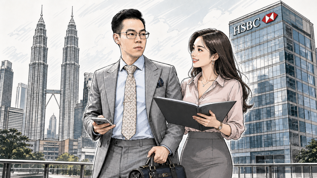 Sigma Chad in a grey suit with a banker, standing in front of KLCC and HSBC building in Kuala Lumpur.