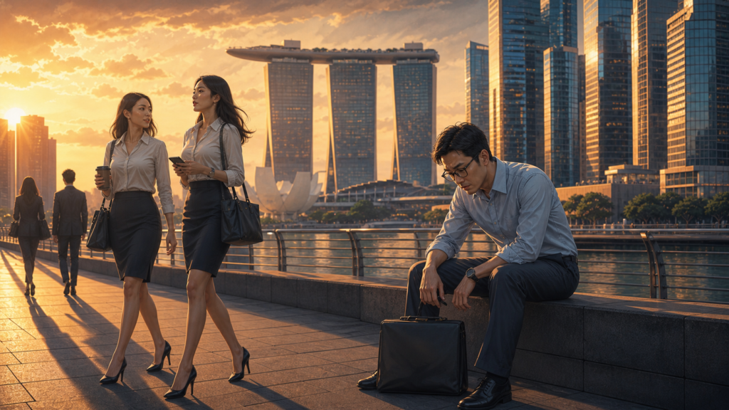 Singaporean Chinese office women in pencil skirts walking past a frustrated seated man in Singapore CBD with Marina Bay Sands in the background.