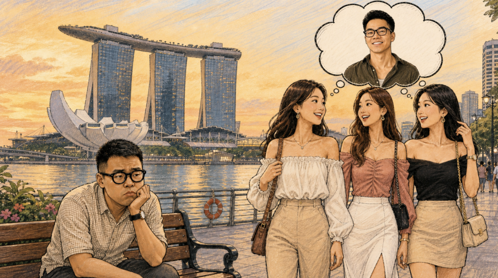 Cartoon of three women at Marina Bay Sands sharing a thought bubble about a confident man