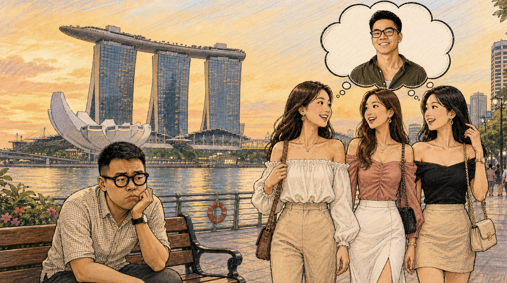 Cartoon of three women at Marina Bay Sands sharing a thought bubble about a confident man