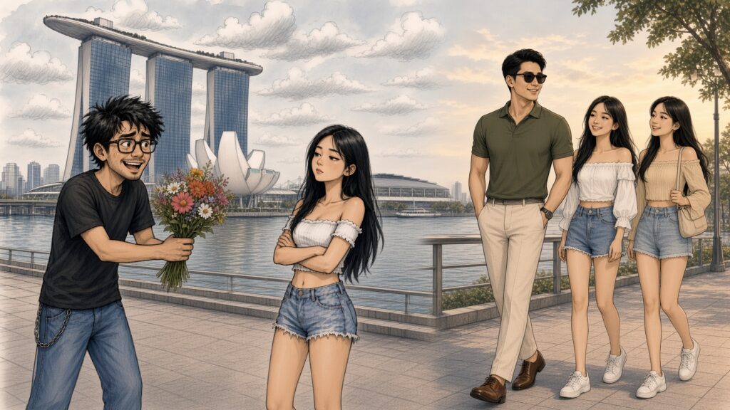 Cartoon of a nervous geek offering flowers to an uninterested girl at Marina Bay Sands while a confident man walks past with two women looking at him.