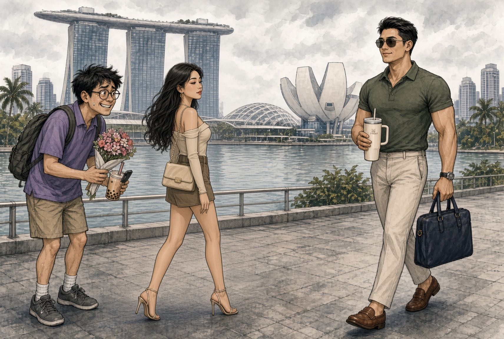 Cartoon at Marina Bay Sands: a nerdy Singaporean man offers flowers while a woman in an off-shoulder top looks at a confident man walking by.