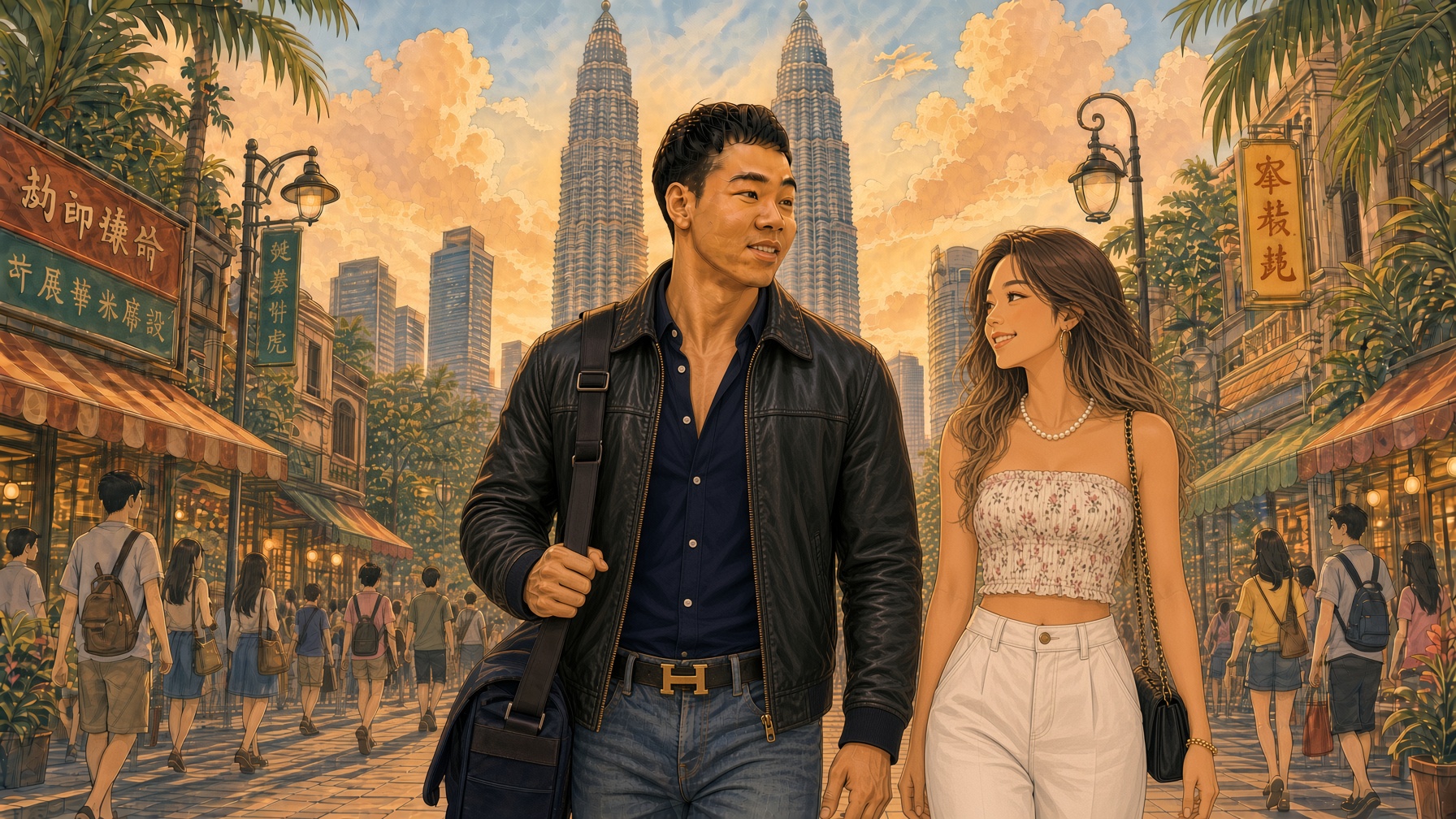 Athletic traveler in a leather jacket walks a Kuala Lumpur street with a smiling woman in a floral off-shoulder top; Petronas Twin Towers behind them.