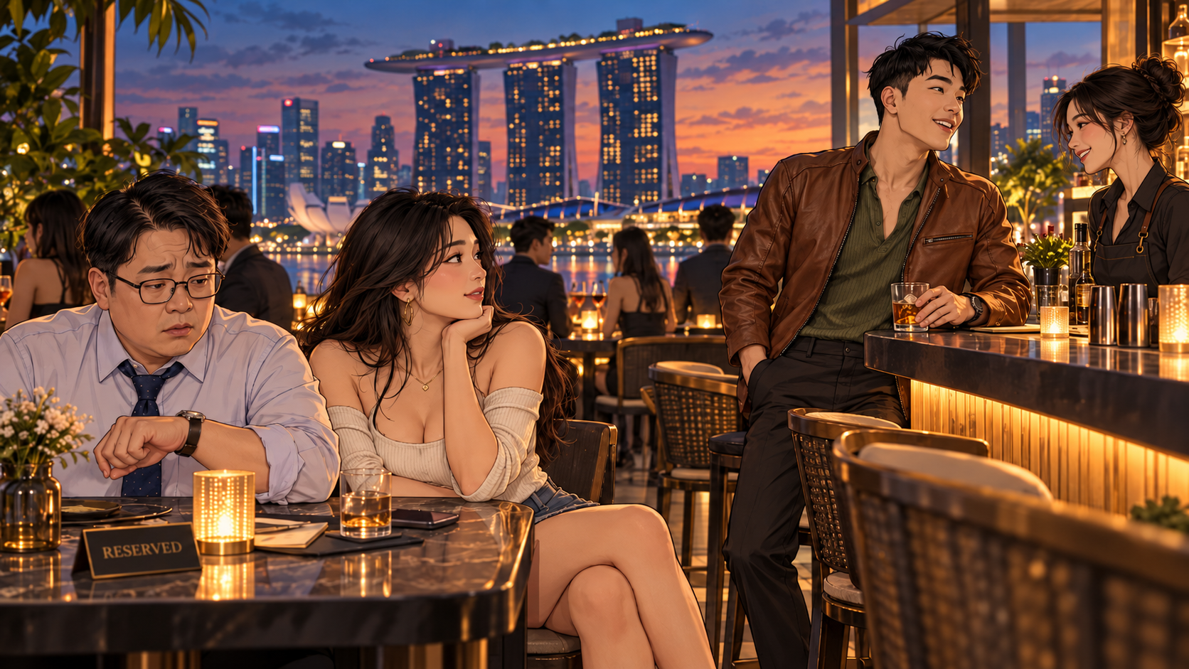 Woman at a rooftop bar in Singapore glances at a stylish man in a brown leather jacket while her date checks his watch.