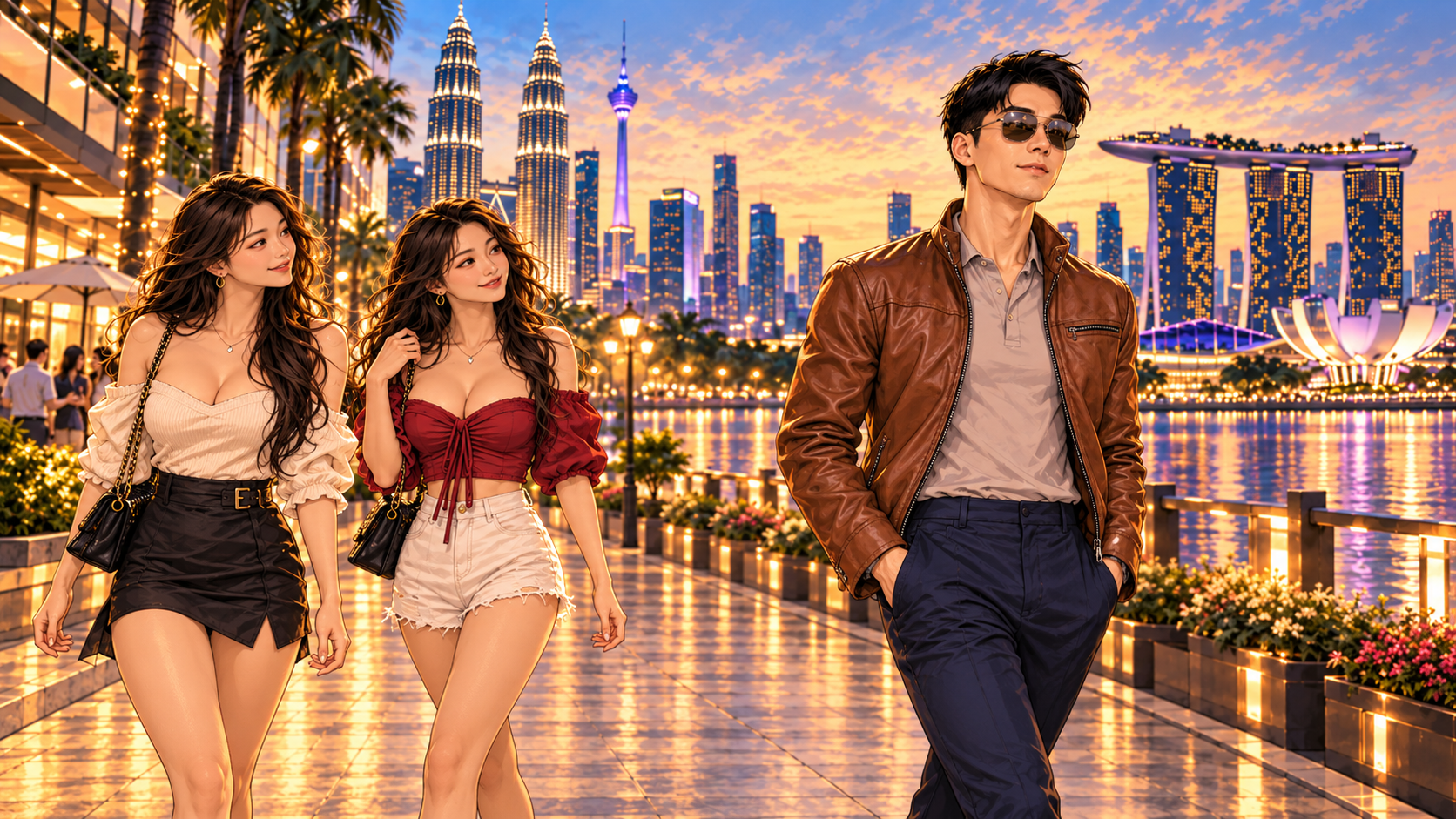 Stylish man in brown leather jacket walking past two women against KL and Singapore skyline.