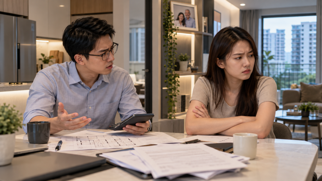 Singaporean couple arguing over BTO payment.