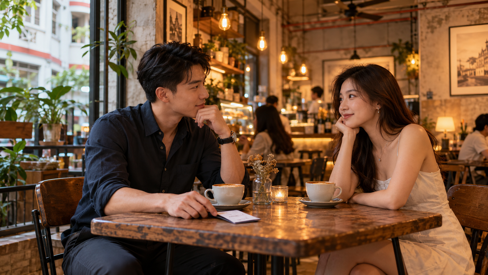 Singaporean Chinese couple on a first date at a Tiong Bahru café with two cappuccinos and a bill.